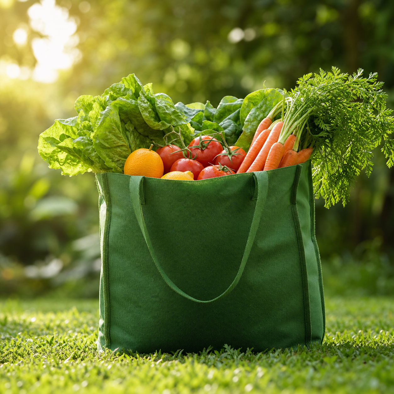 Reusable green non-woven bag full of fresh vegetables